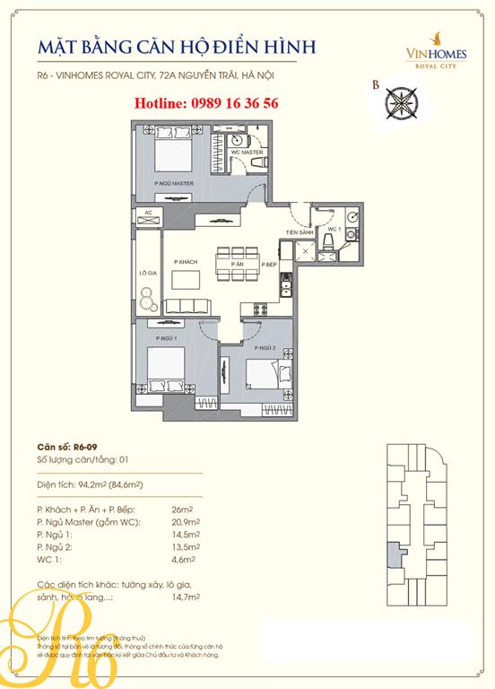 Mặt bằng căn 09 tòa R6, diện tích 94.2m2, 3 phòng ngủ