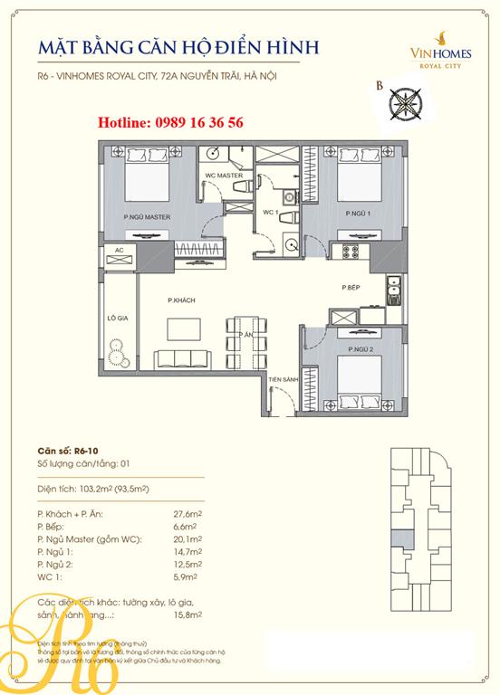 Mặt bằng căn 10 tòa R6, diện tích 103.2m2, 3 phòng ngủ (thông tầng)
