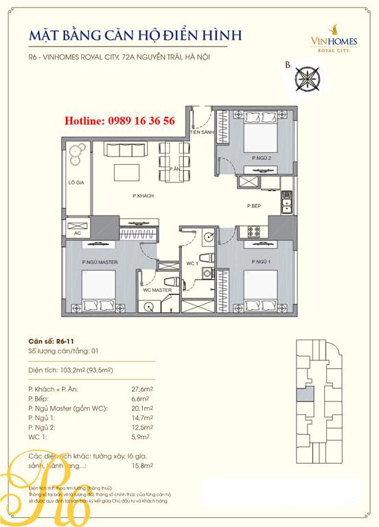 Mặt bằng căn 11 tòa R6, diện tích 103.2m2, 3 phòng ngủ (thông tầng)