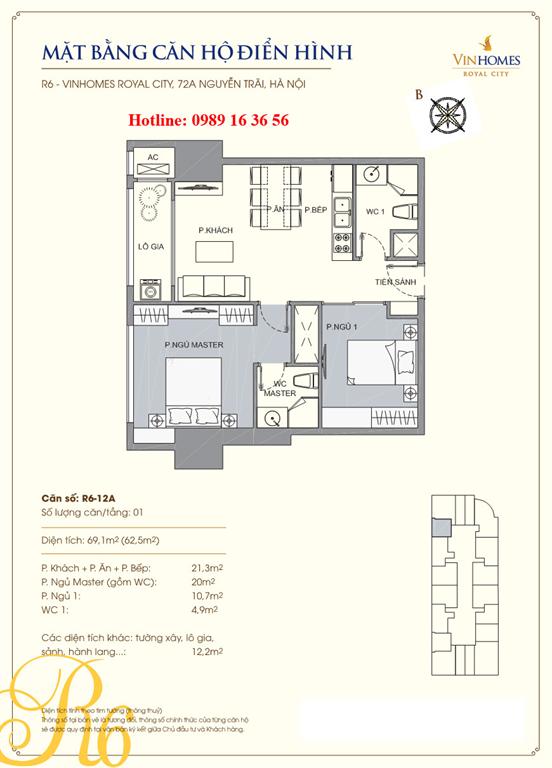 Mặt bằng căn 12A tòa R6, diện tích 69.1m2, 2 phòng ngủ