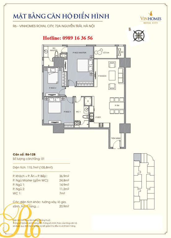 Mặt bằng căn 12B tòa R6, diện tích 115.7m2, 3 phòng ngủ (căn góc)