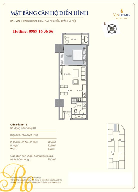 Mặt bằng căn 15 tòa R6, diện tích 55m2, 1 phòng ngủ