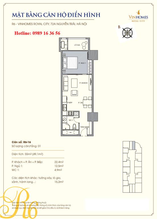Mặt bằng căn 16 tòa R6, diện tích 55m2, 1 phòng ngủ