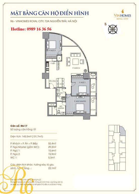 Mặt bằng căn 17 tòa R6, diện tích 143.5m2, 3 phòng ngủ (căn góc)