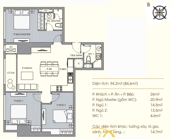 Cho thuê Royal City, căn hộ 3 phòng ngủ, diện tích từ 94.2m2-195.5m2