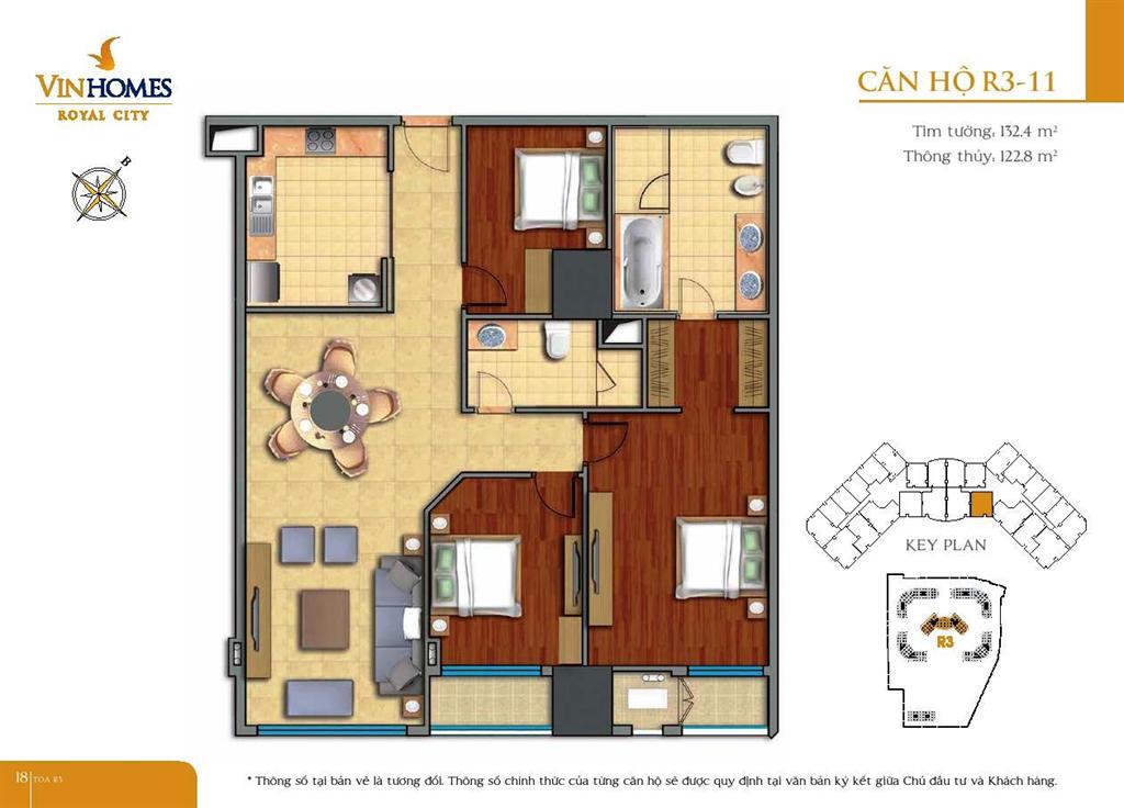 Mặt bằng căn hộ R3-Royal City diện tích 132.4m2