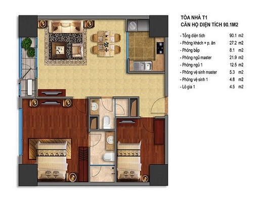 Thiết kế căn hộ 2 phòng ngủ T1 Times City, diện tích 90,1m2
