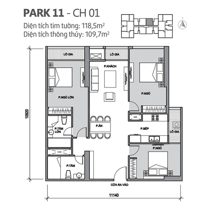 Căn hộ 01 Park 11, diện tích 118.5m2, thiết kế 3 phòng ngủ