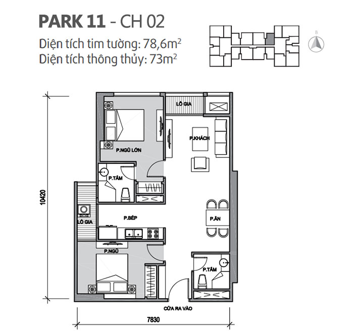Căn hộ 02 Park 11, diện tích 78.6m2, thiết kế 2 phòng ngủ