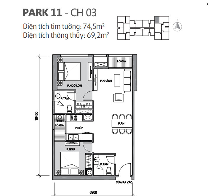 Căn hộ 03 Park 11, diện tích 74.5m2, thiết kế 2 phòng ngủ