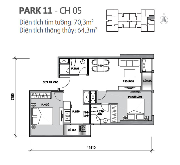 Căn hộ 05 Park 11, diện tích 70.3m2, thiết kế 2 phòng ngủ