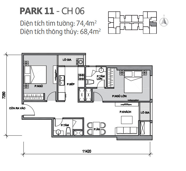 Căn hộ 06 Park 11, diện tích 74.4m2, thiết kế 2 phòng ngủ