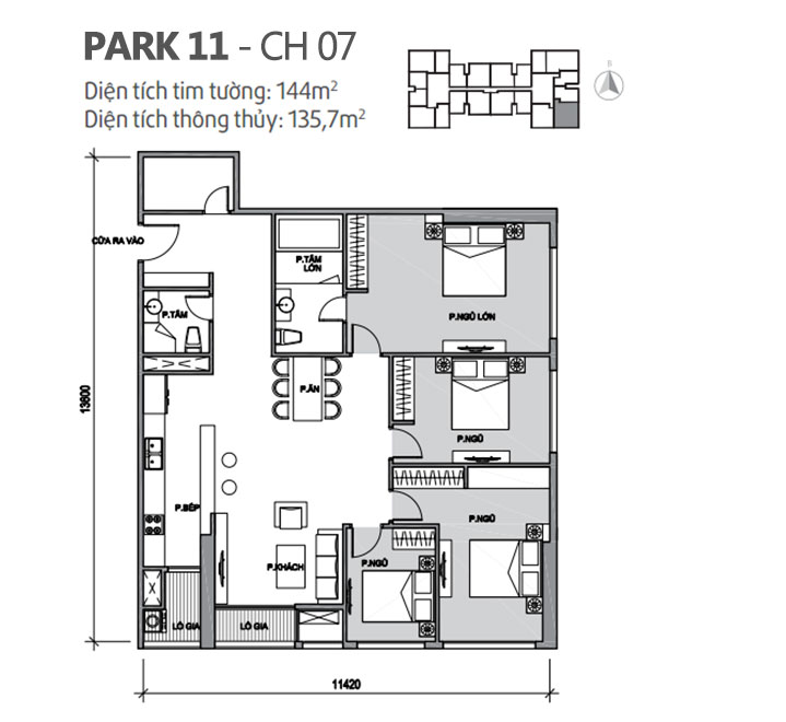 Căn hộ 07 Park 11, diện tích 144m2, thiết kế 4 phòng ngủ