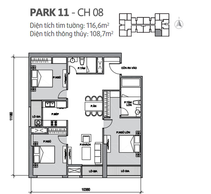 Căn hộ 08 Park 11, diện tích 116.6m2, thiết kế 3 phòng ngủ