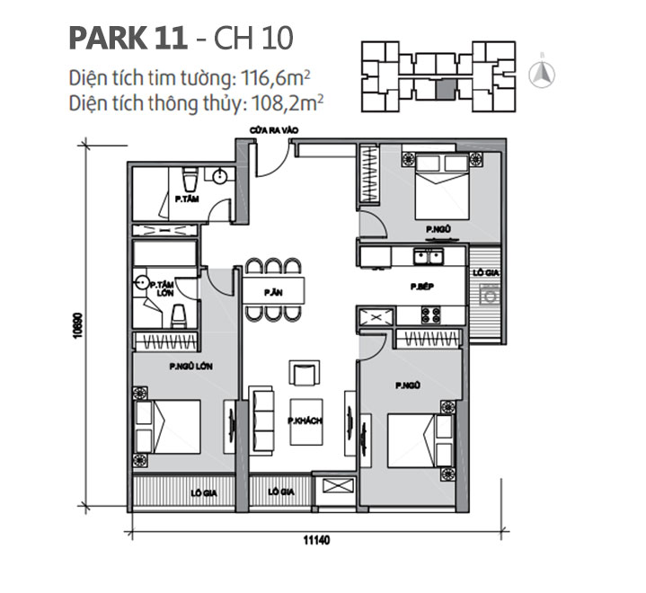 Căn hộ 10 Park 11, diện tích 116.6m2, thiết kế 3 phòng ngủ