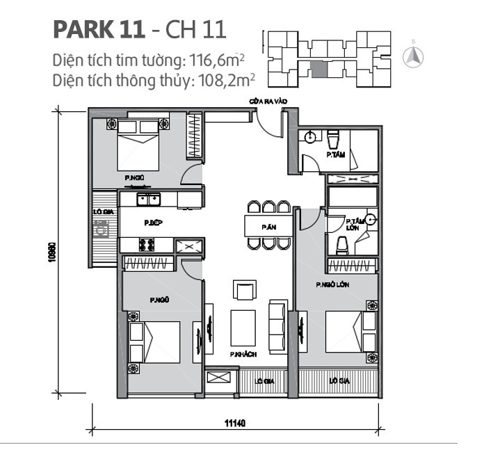Căn hộ 11 Park 11, diện tích 116.6m2, thiết kế 3 phòng ngủ