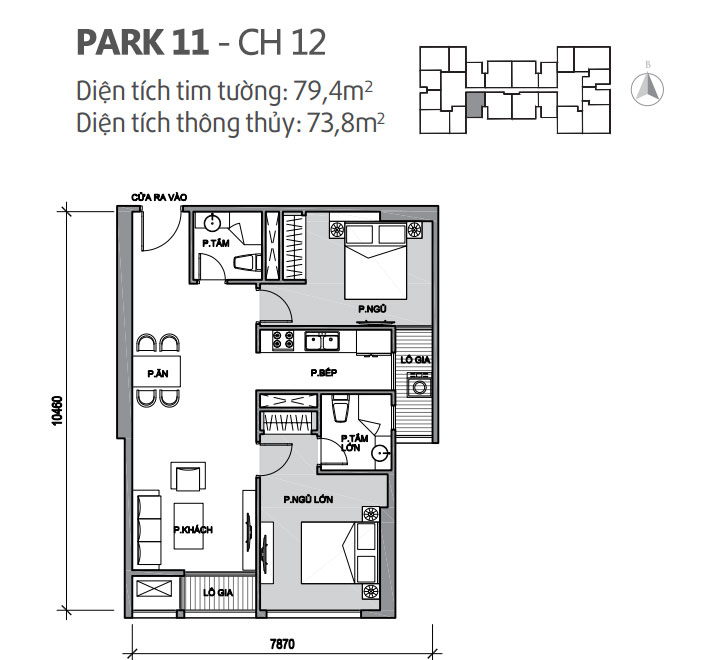 Căn hộ 12 Park 11, diện tích 79.4m2, thiết kế 2 phòng ngủ