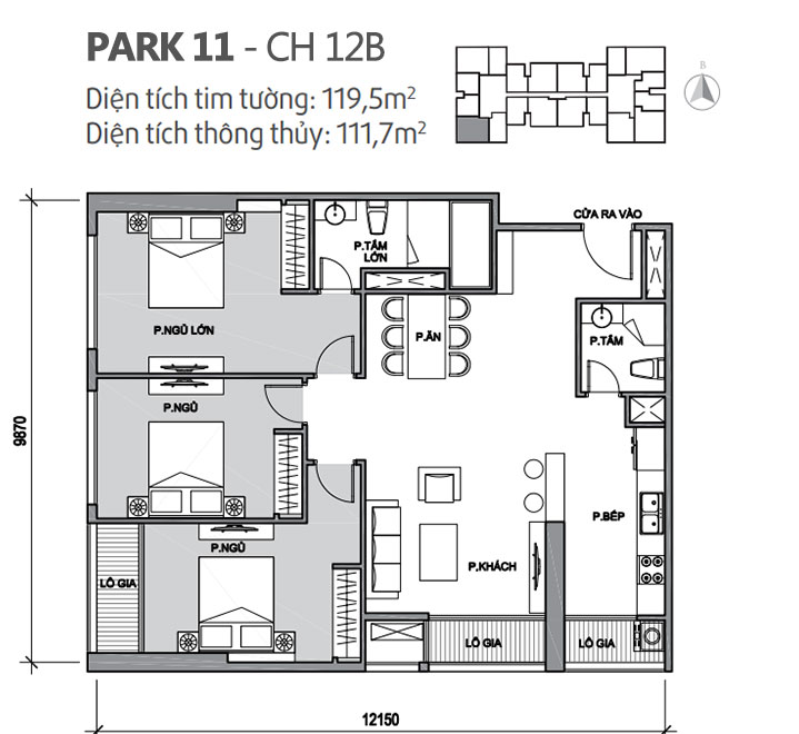 Căn hộ 12B Park 11, diện tích 119.5m2, thiết kế 3 phòng ngủ