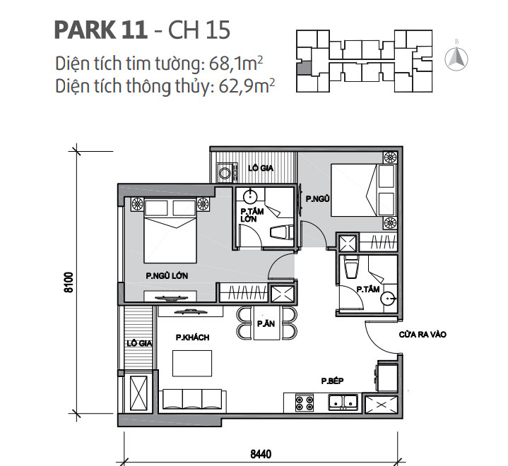 Căn hộ 15 Park 11, diện tích 68.1m2, thiết kế 2 phòng ngủ