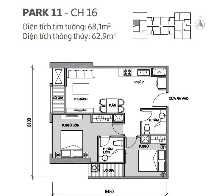 Căn hộ 16 Park 11, diện tích 68.1m2, thiết kế 2 phòng ngủ
