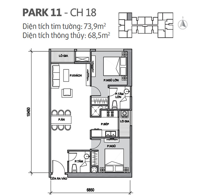 Căn hộ 18 Park 11, diện tích 73.9m2, thiết kế 2 phòng ngủ