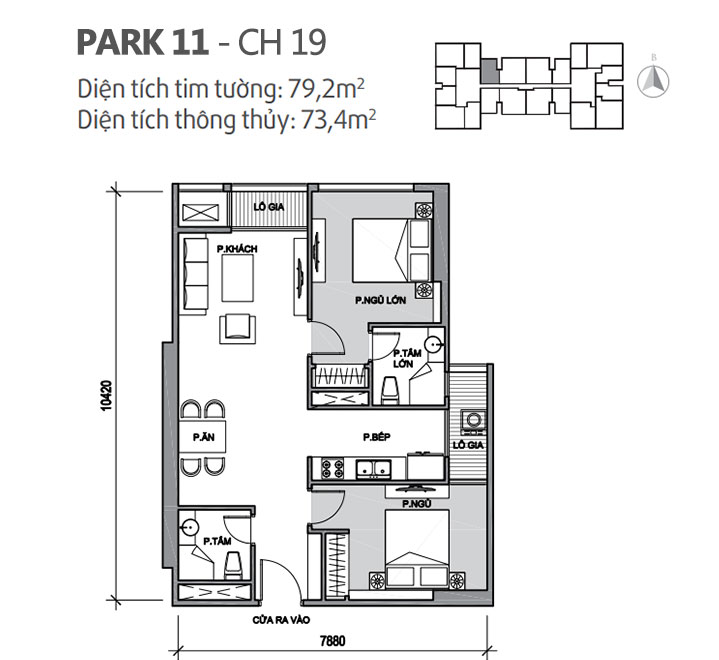 Căn hộ 19 Park 11, diện tích 79.2m2, thiết kế 2 phòng ngủ