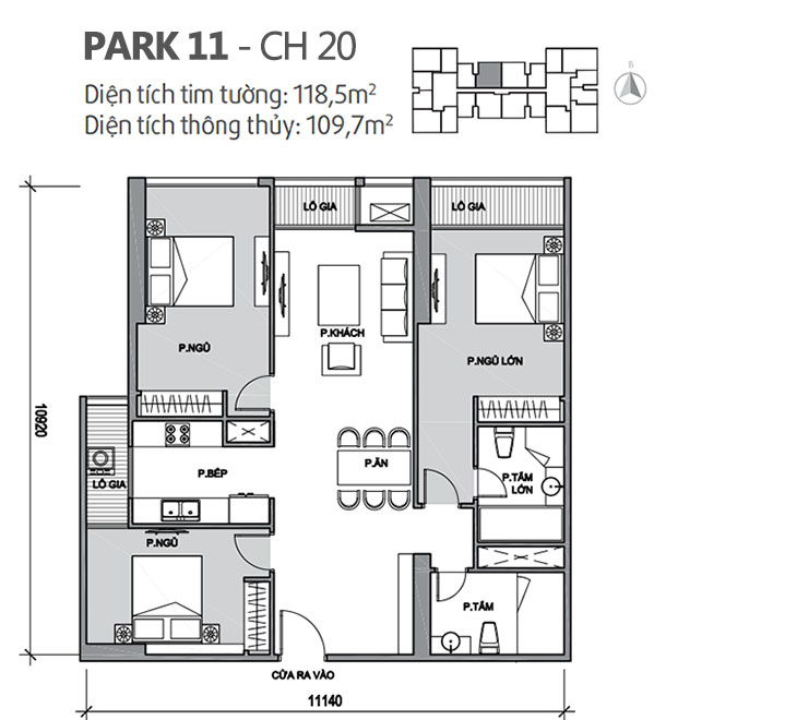 Căn hộ 20 Park 11, diện tích 118.5m2, thiết kế 3 phòng ngủ