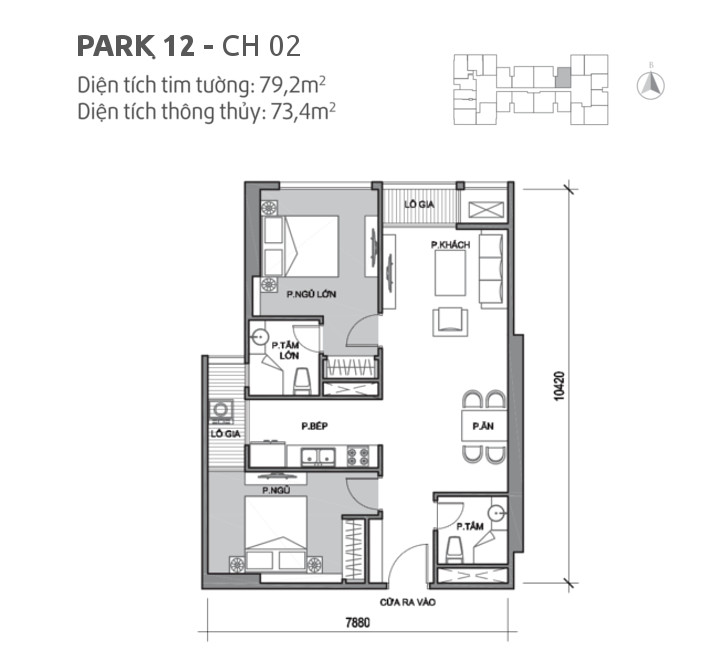 Căn hộ 02 tòa Park 12, diện tích 79.2m2, thiết kế 2 phòng ngủ