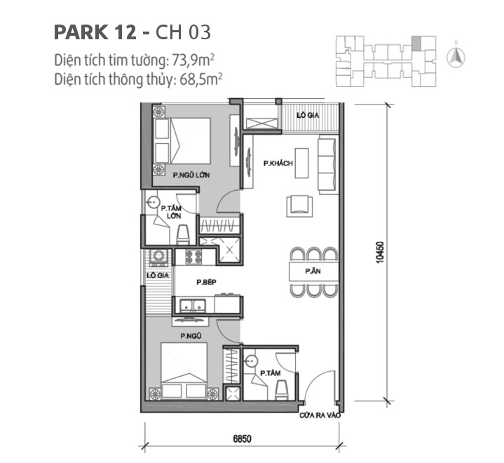 Căn hộ 03 tòa Park 12, diện tích 73.9m2, thiết kế 2 phòng ngủ