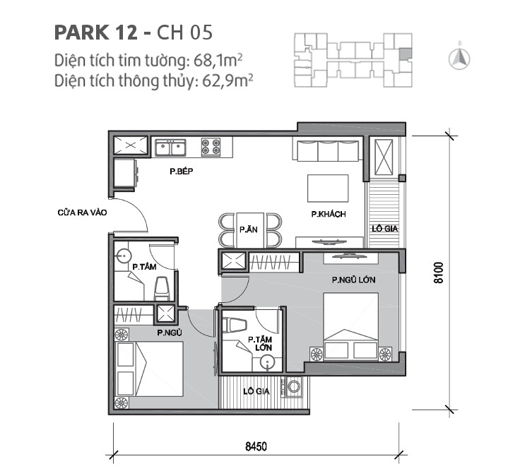 Căn hộ 05 tòa Park 12, diện tích 68.1m2, thiết kế 2 phòng ngủ