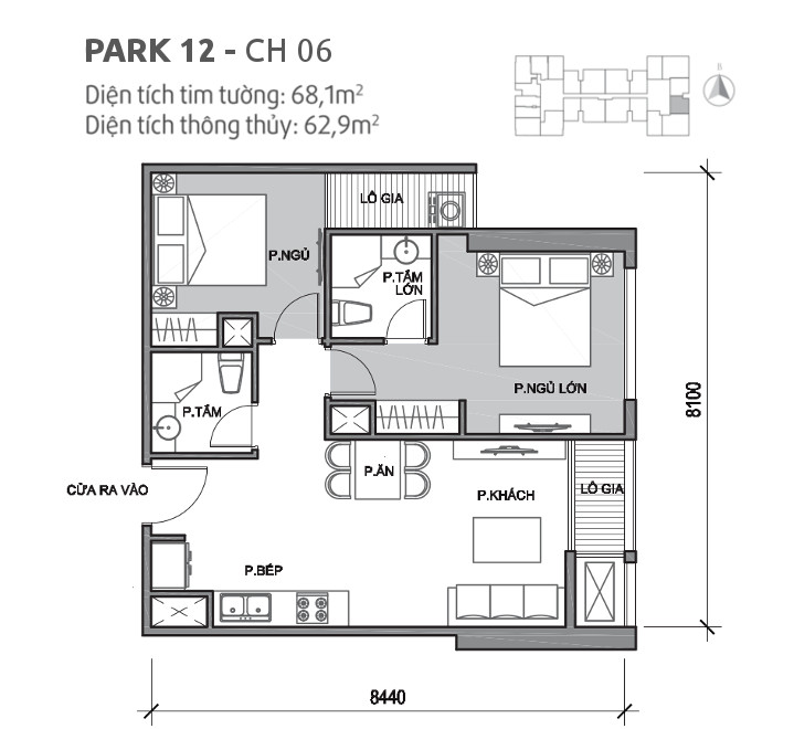 Căn hộ 06 tòa Park 12, diện tích 68.1m2, thiết kế 2 phòng ngủ