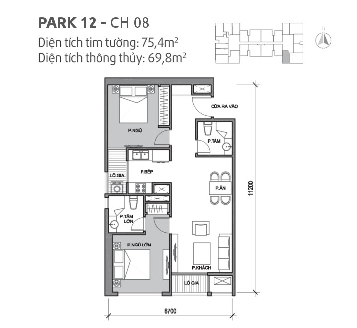 Căn hộ 08 tòa Park 12, diện tích 75.4m2, thiết kế 2 phòng ngủ
