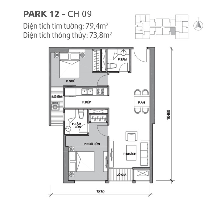 Căn hộ 09 tòa Park 12, diện tích 79.4m2, thiết kế 2 phòng ngủ