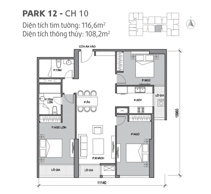 Căn hộ 10 tòa Park 12, diện tích 116.6m2, thiết kế 3 phòng ngủ