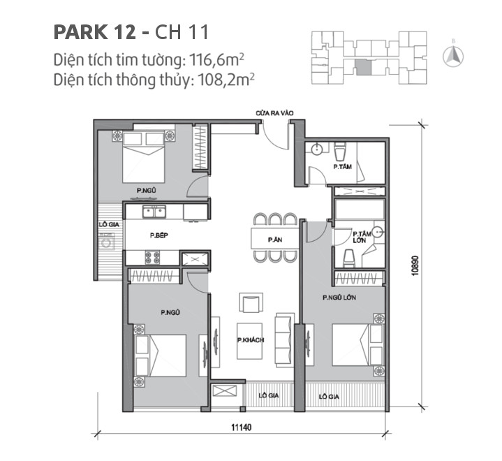 Căn hộ 11 tòa Park 12, diện tích 116.6m2, thiết kế 3 phòng ngủ