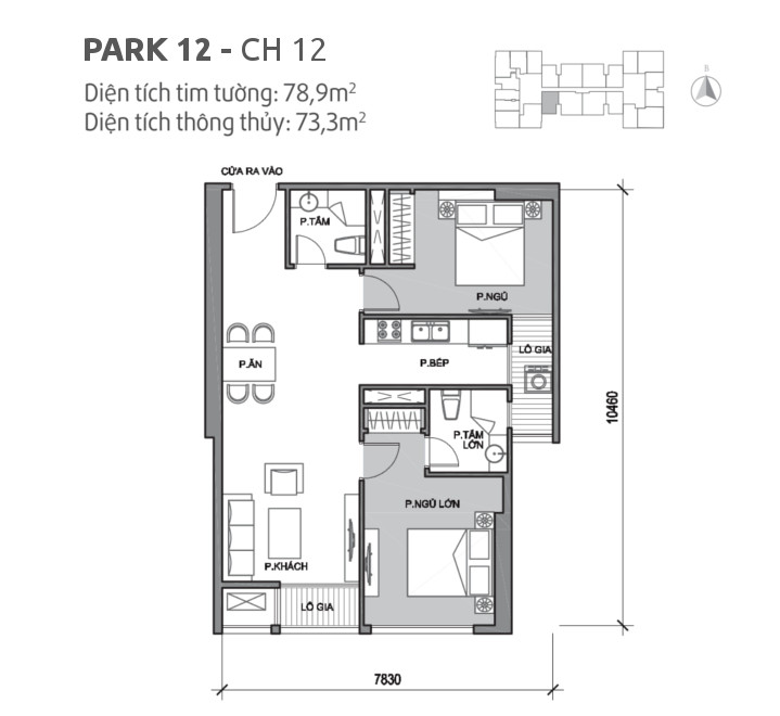Căn hộ 12 tòa Park 12, diện tích 78.9m2, thiết kế 2 phòng ngủ