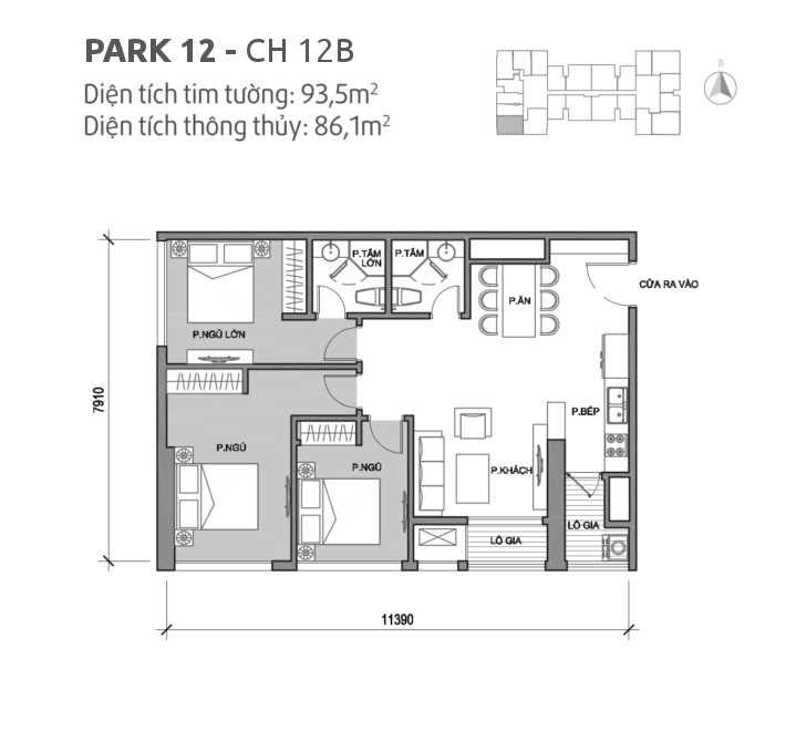 Căn hộ 12B tòa Park 12, diện tích 93.5m2, thiết kế 3 phòng ngủ