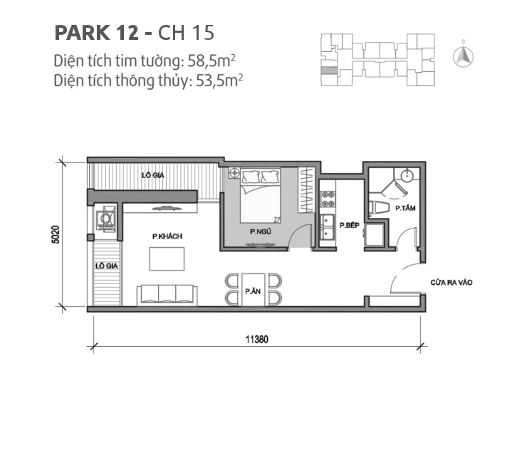 Căn hộ 15 tòa Park 12, diện tích 58.5m2, thiết kế 2 phòng ngủ