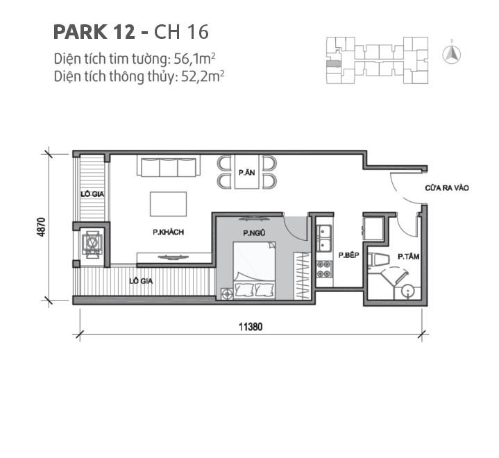 Căn hộ 16 tòa Park 12, diện tích 56.1m2, thiết kế 2 phòng ngủ 
