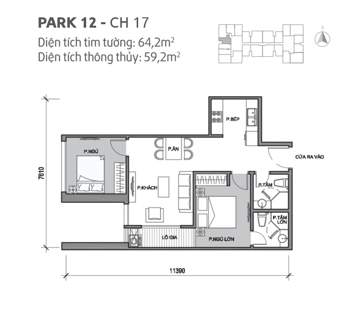 Căn hộ 17 tòa Park 12, diện tích 64.2m2, thiết kế 2 phòng ngủ