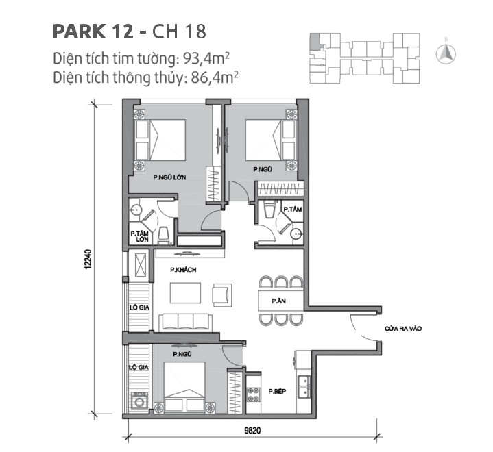 Căn hộ 18 tòa Park 12, diện tích 93.4m2, thiết kế 3 phòng ngủ
