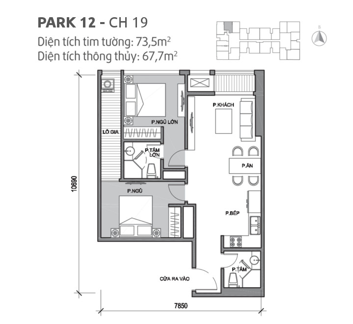 Căn hộ 19 tòa Park 12, diện tích 73.5m2, thiết kế 2 phòng ngủ