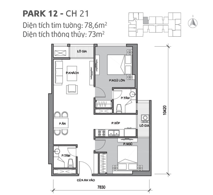 Căn hộ 21 tòa Park 12, diện tích 78.6m2, thiết kế 2 phòng ngủ