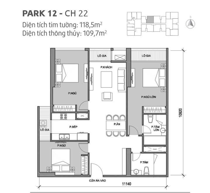 Căn hộ 22 tòa Park 12, diện tích 118.5m2, thiết kế 3 phòng ngủ
