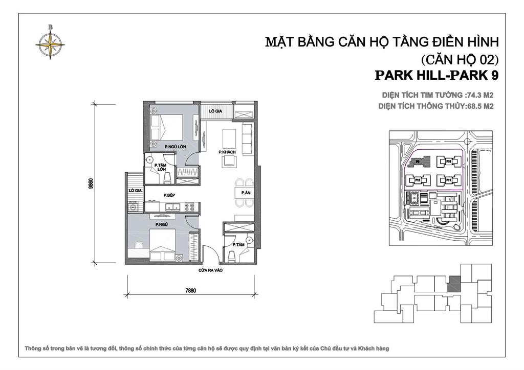 Căn hộ 02 diện tích 74.3 m2, 2 phòng ngủ tòa Park 9