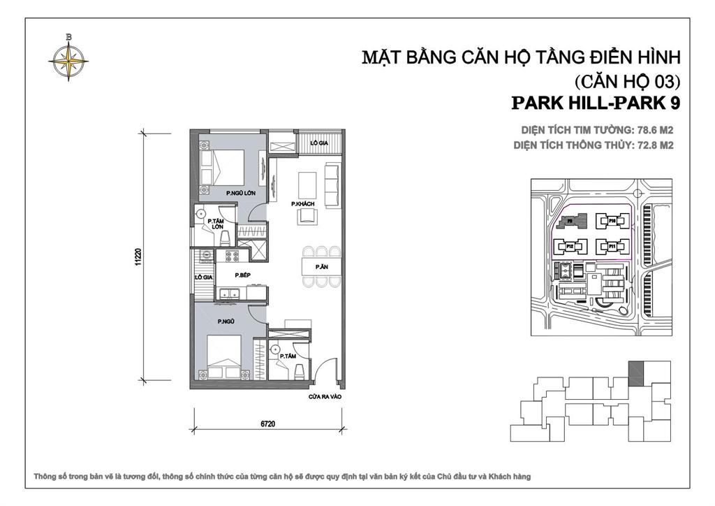 Căn hộ 03 diện tích 78.6m2, 2 phòng ngủ tòa Park 9