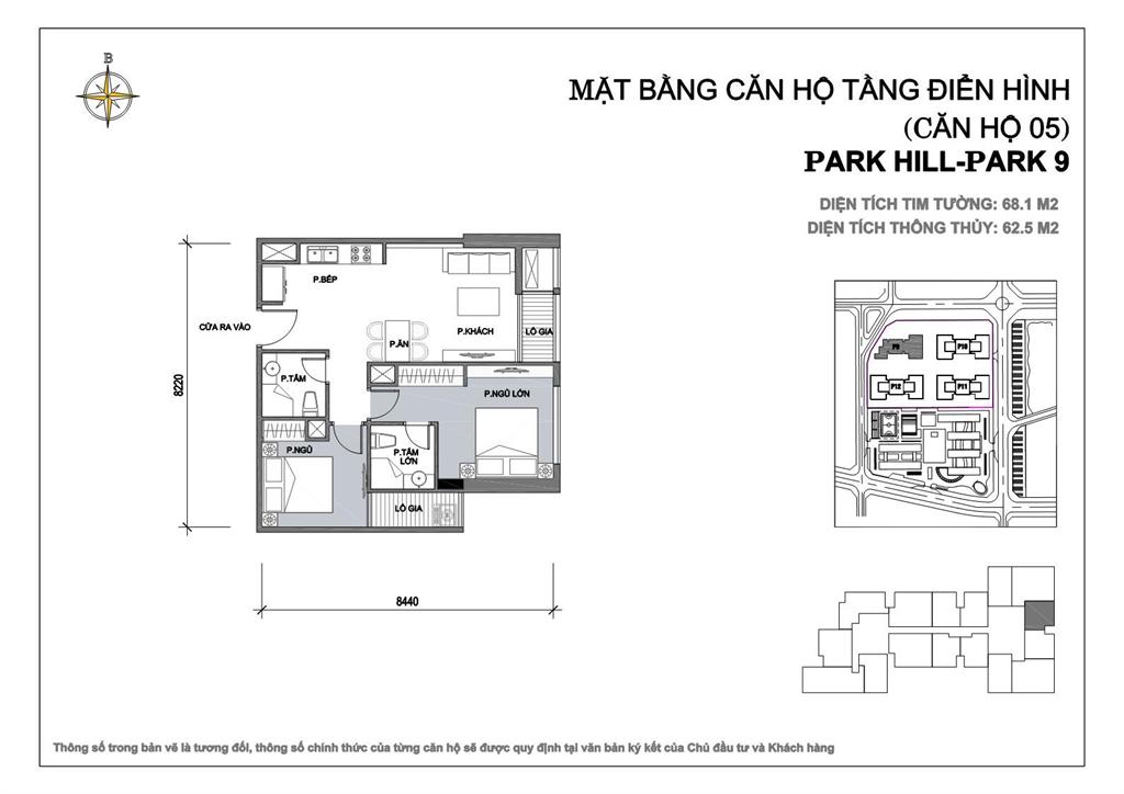 Mặt bằng căn hộ 2 phòng ngủ 68,1 m2 tòa Park 9 – Park Hill PREMIUM