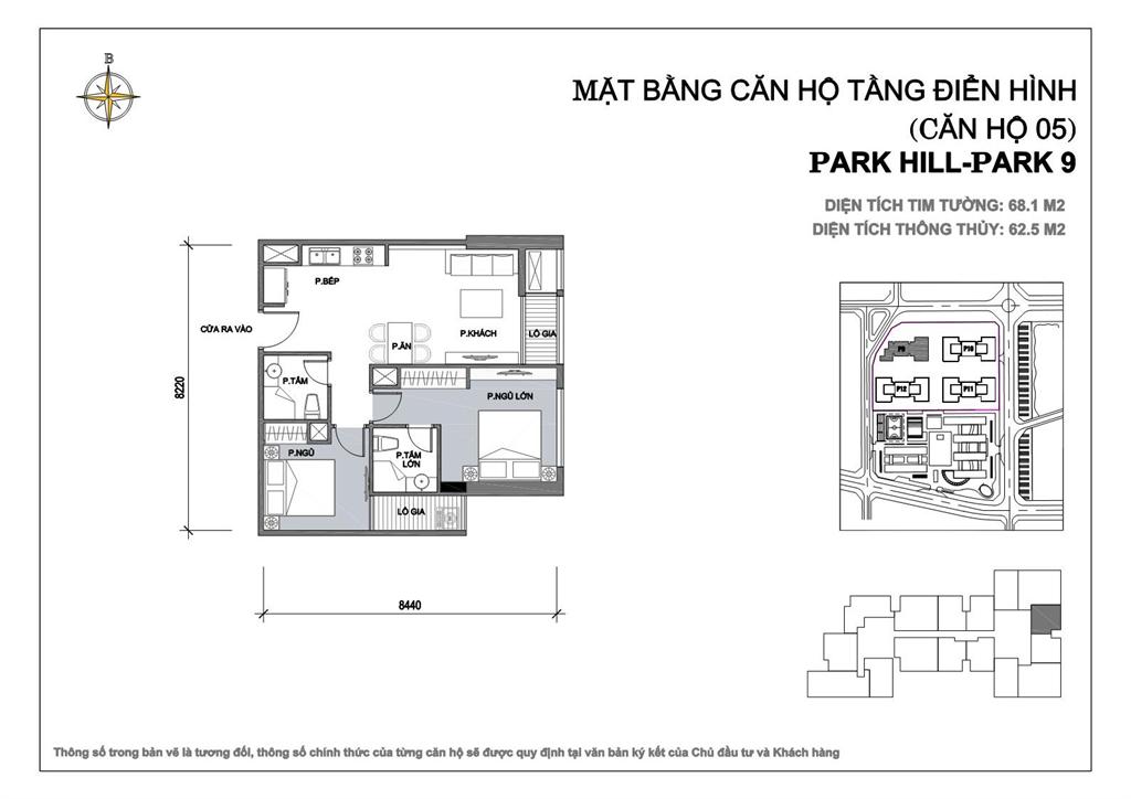 Căn hộ 05, 06 diện tích 68.1m2, 2 phòng ngủ tòa Park 9 