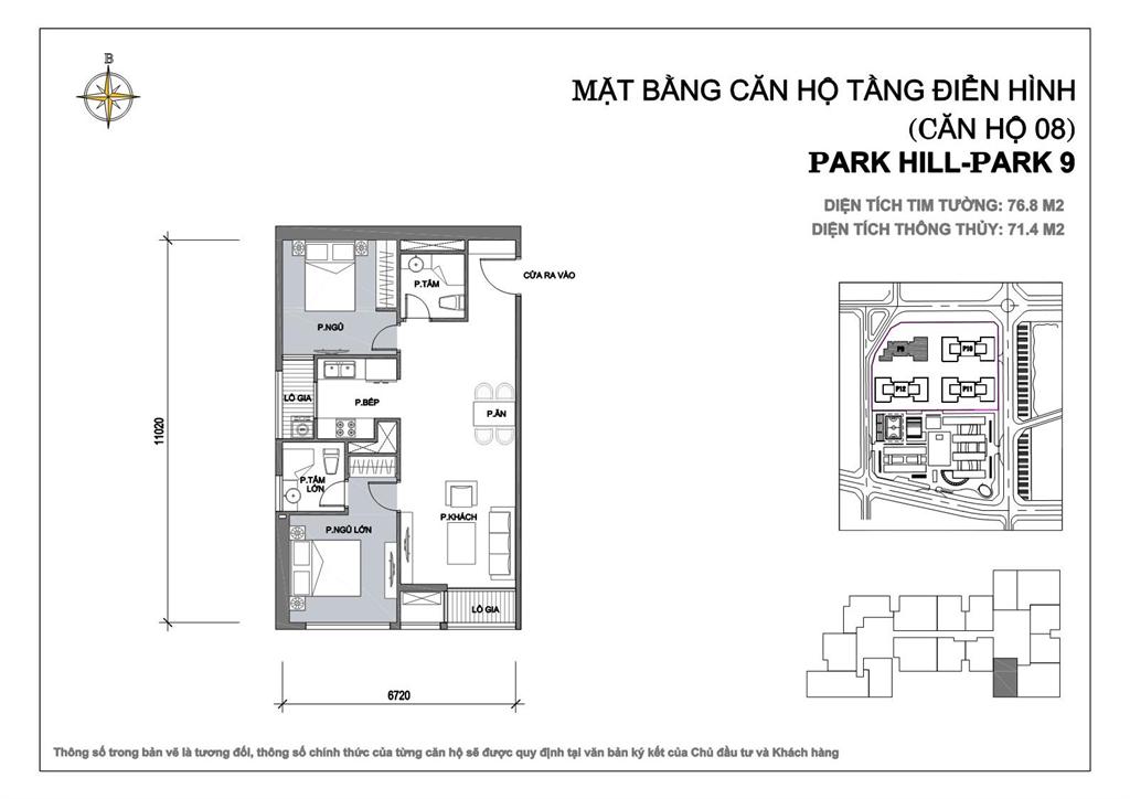 Căn hộ 08 diện tích 76.8m2, 2 phòng ngủ tòa Park 9