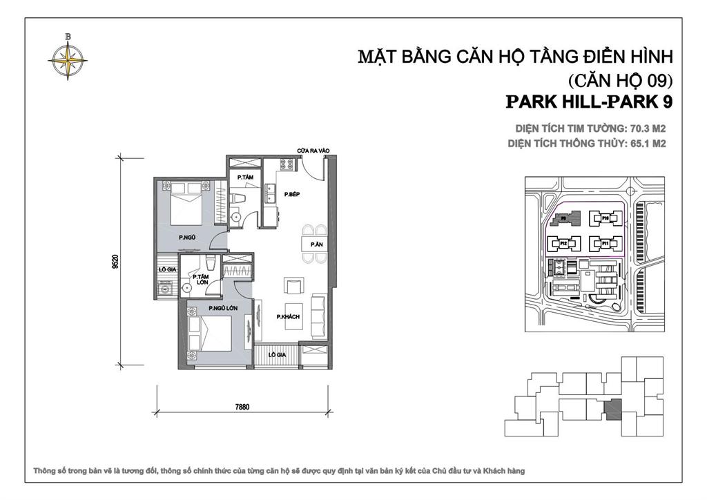 Mặt bằng căn hộ 2 phòng ngủ 70.3 m2 tòa Park 9 – Park Hill PREMIUM